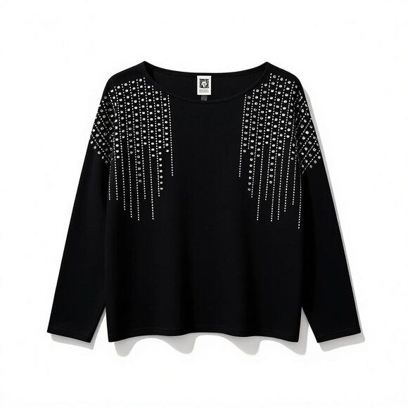 NWT Anne Klein Black Embellished Studded Pullover Sweater Rhinestone Top L - Picture 2 of 7